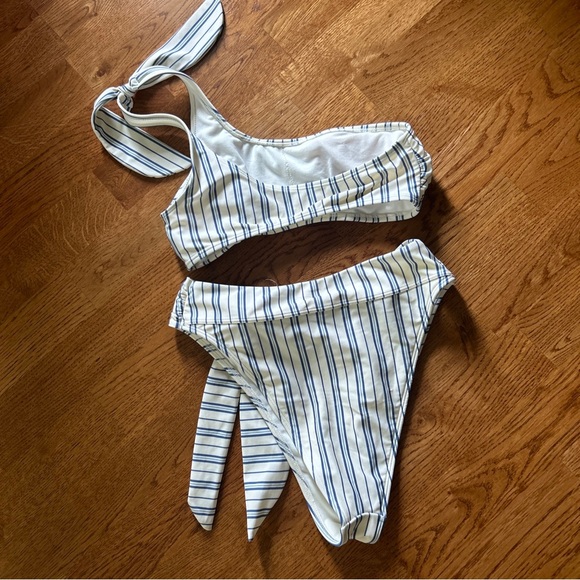 Abercrombie Fitch Bikini One Shoulder Top High Bottom Swim Tie Ivory Blue Stripe - Picture 5 of 6